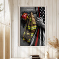 Firefighter wall art displayed in a bright home interior with white wood paneling and neutral decor