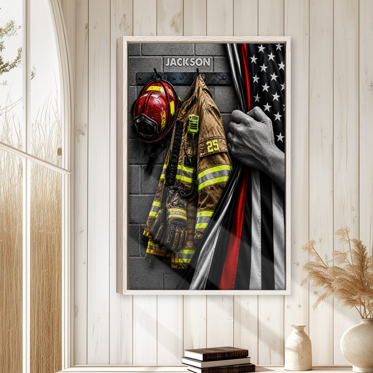 Firefighter wall art displayed in a bright home interior with white wood paneling and neutral decor
