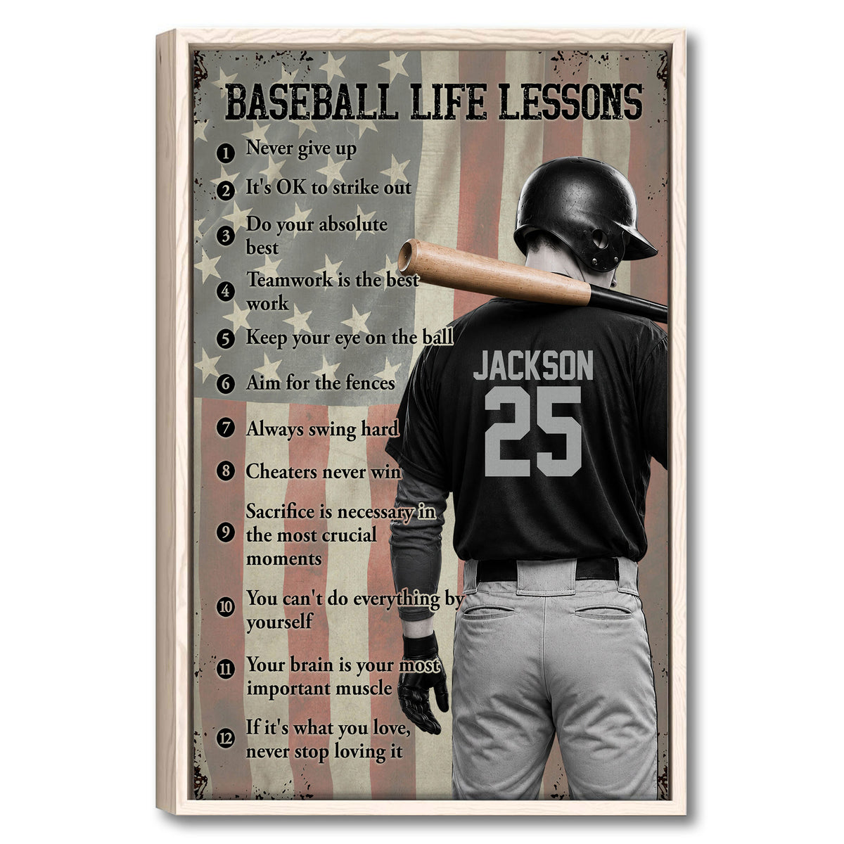Framed baseball life lessons wall art with batter, bat, stars, and vintage American flag background