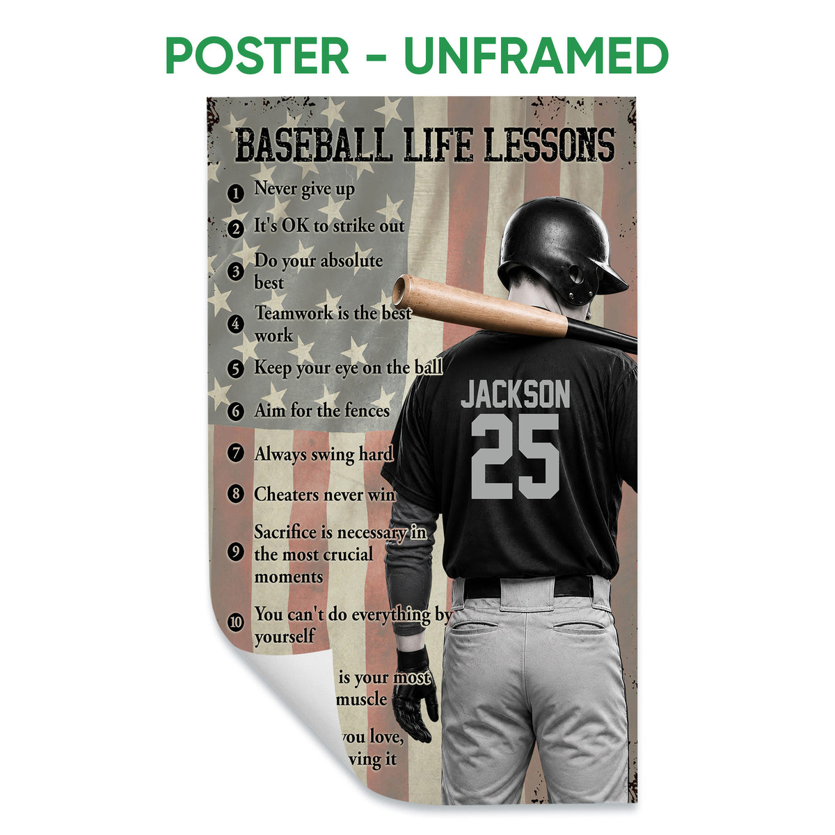 Unframed baseball life lessons poster featuring a batter, bat, motivational sayings, and vintage flag design