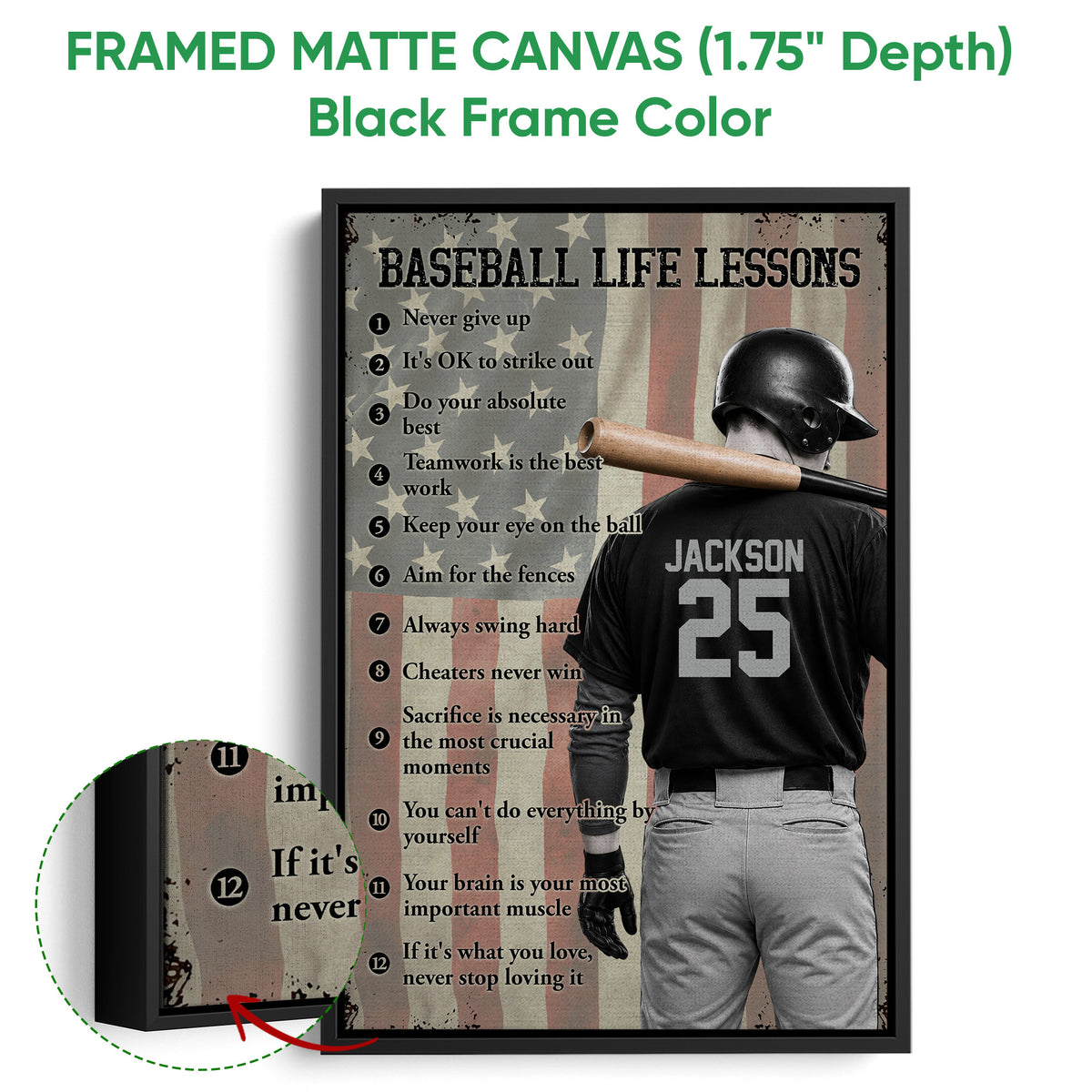 Framed baseball wall art shown with a black frame and detailed vintage-style batter artwork