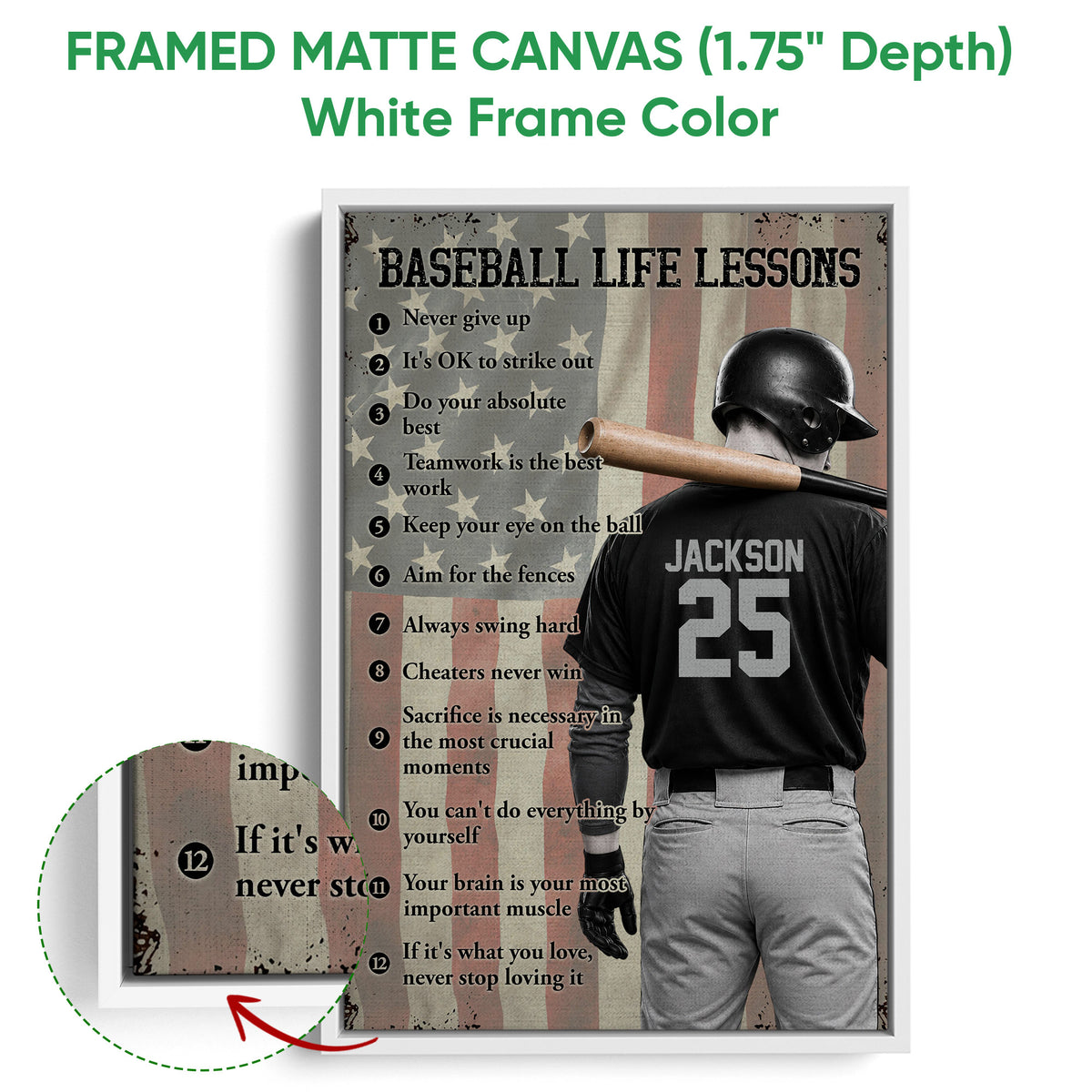 Framed baseball wall art shown with a white frame and motivational sports artwork