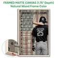 Framed baseball wall art shown with a natural wood frame and vintage batter design