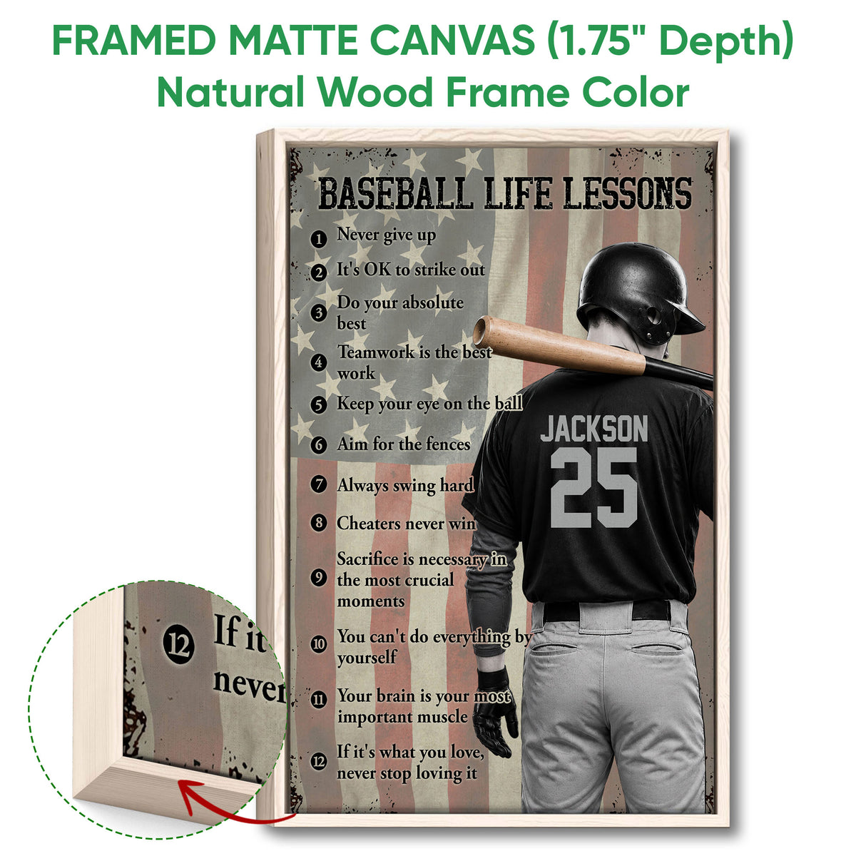 Framed baseball wall art shown with a natural wood frame and vintage batter design