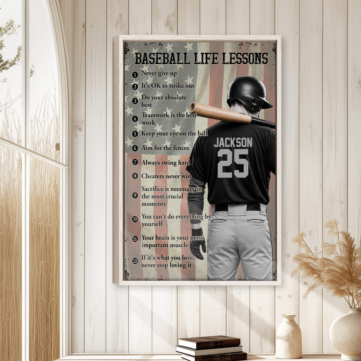 Baseball life lessons wall art displayed in a bright room with white wood paneling