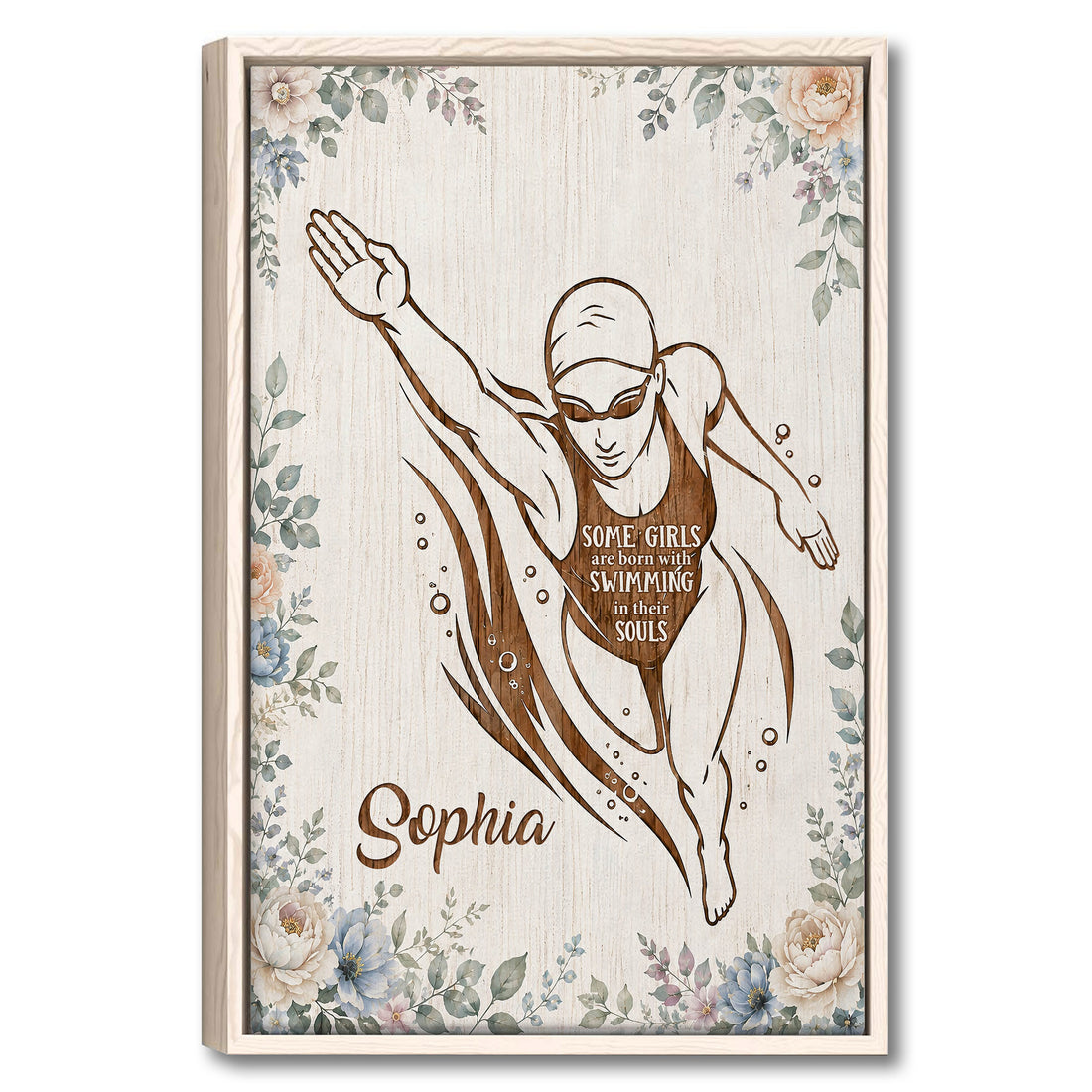 Framed swimming wall art featuring a female swimmer surrounded by soft floral details