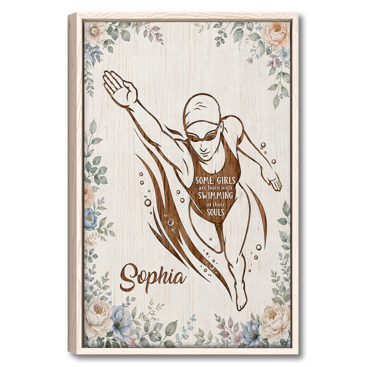 Framed swimming wall art featuring a female swimmer surrounded by soft floral details