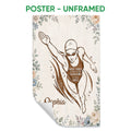 Unframed swimming poster featuring a female swimmer, floral border, and vintage-inspired artwork