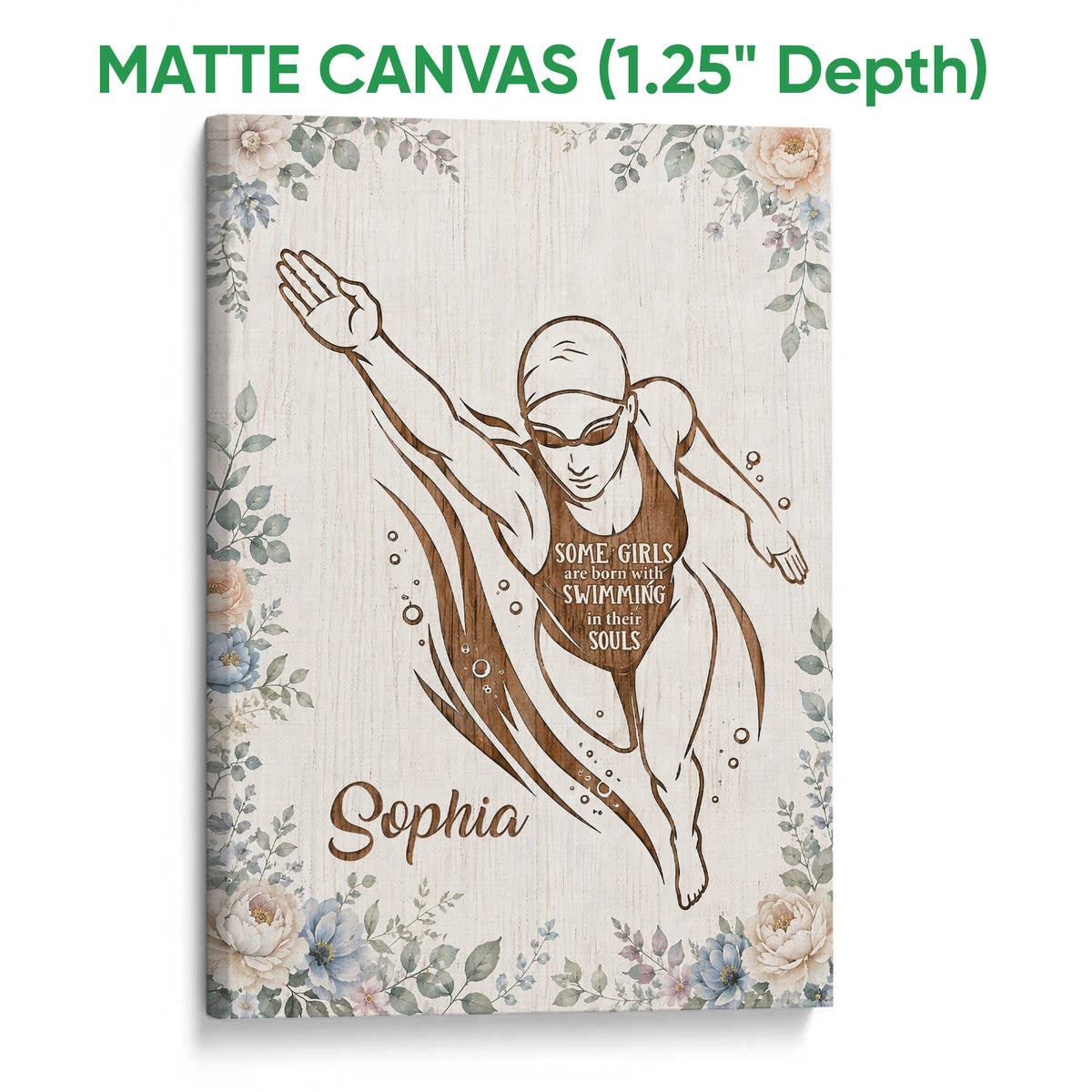 Matte canvas swimming wall art with a floral border and female swimmer illustration