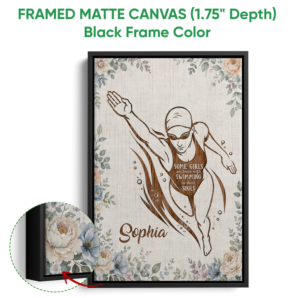 Black framed canvas wall art featuring a female swimmer and floral swimming design