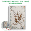 White framed canvas swimming wall art with a female swimmer and soft floral border