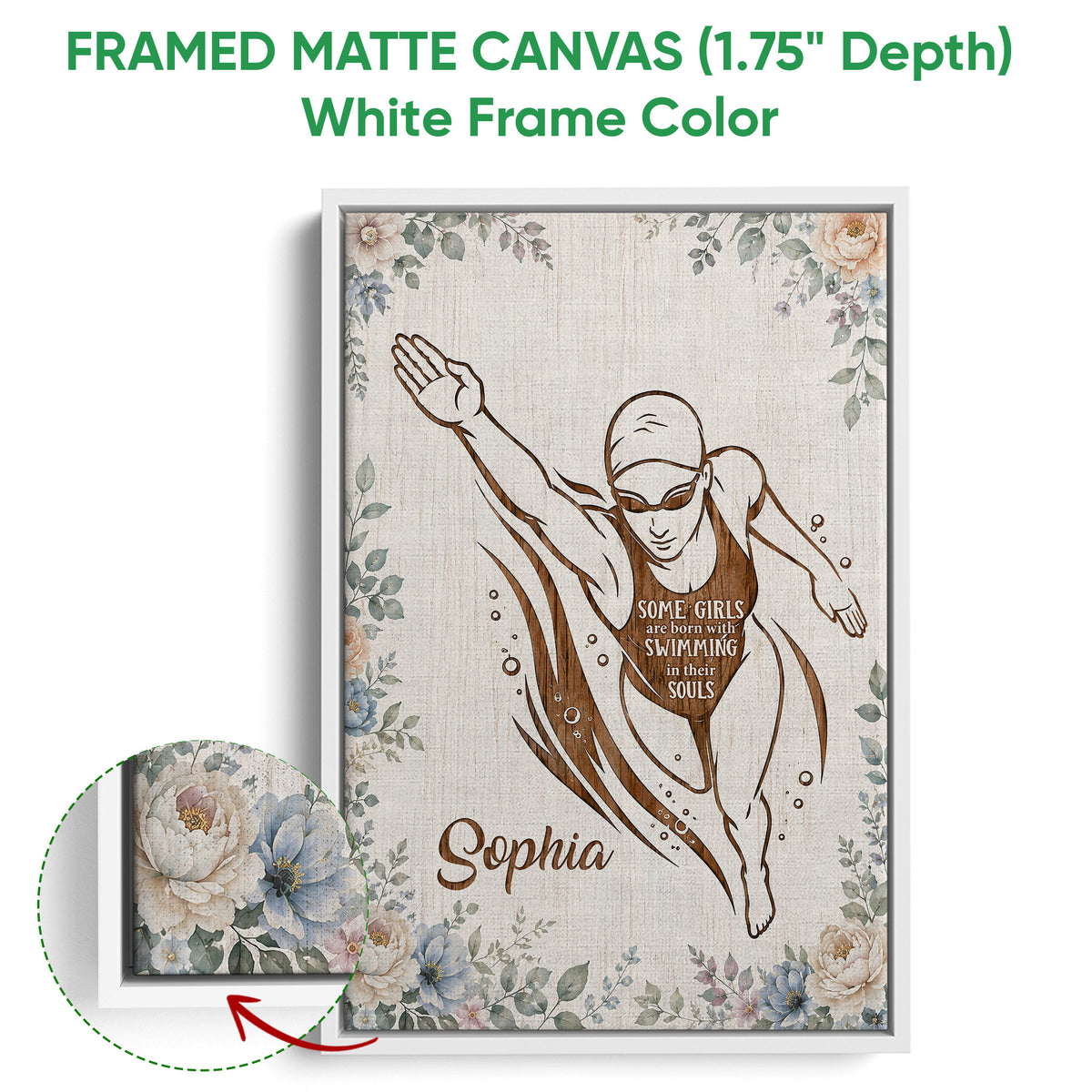 White framed canvas swimming wall art with a female swimmer and soft floral border