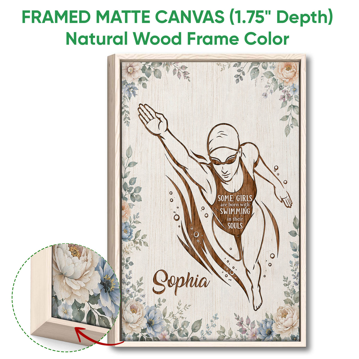 Natural wood framed swimming wall art featuring a swimmer and muted botanical accents