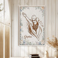 Swimming wall art displayed on a bright white paneled wall in a calm home interior