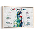 Framed volleyball wall art featuring a watercolor-style player, volleyball, and faith-inspired scripture design