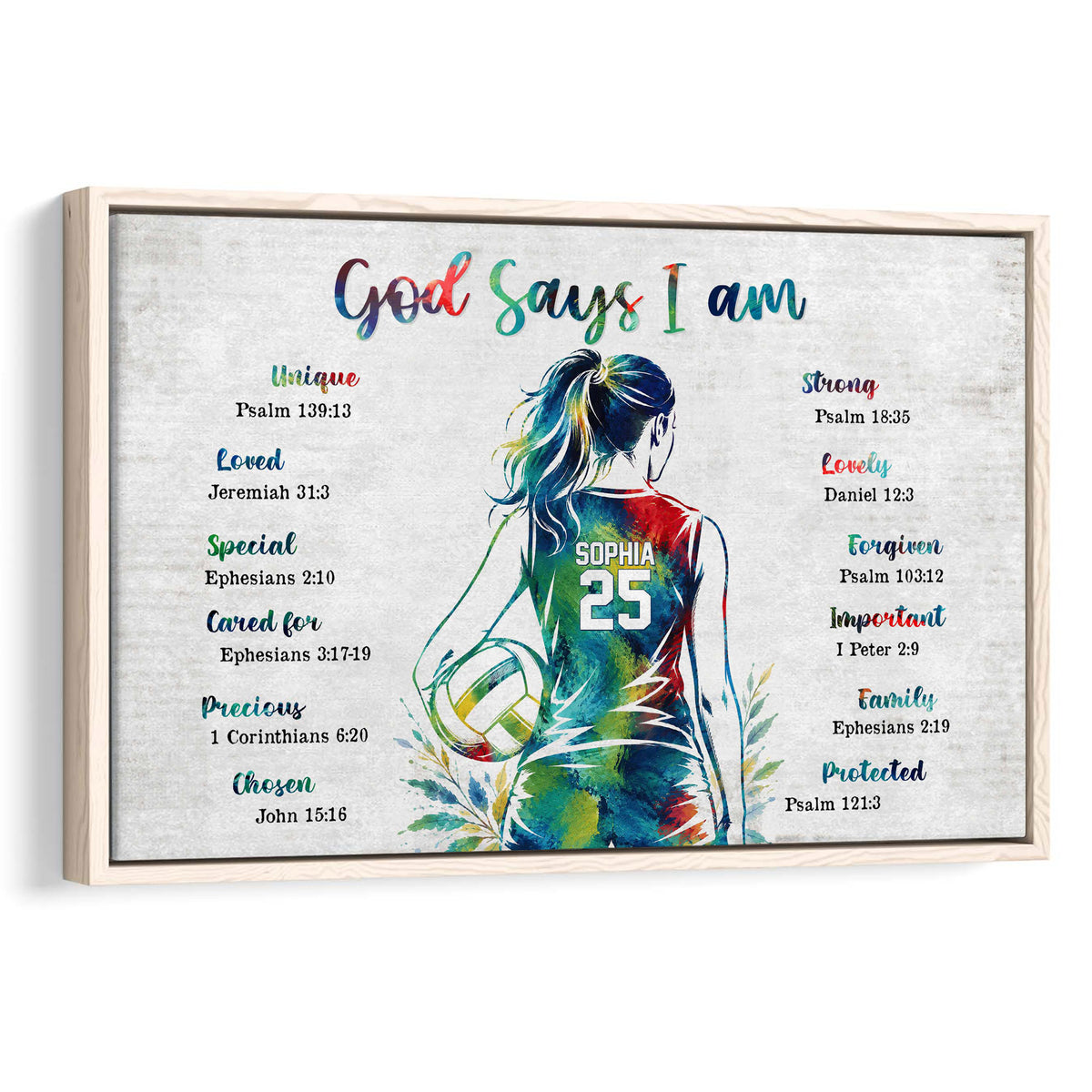 Framed volleyball wall art featuring a watercolor-style player, volleyball, and faith-inspired scripture design