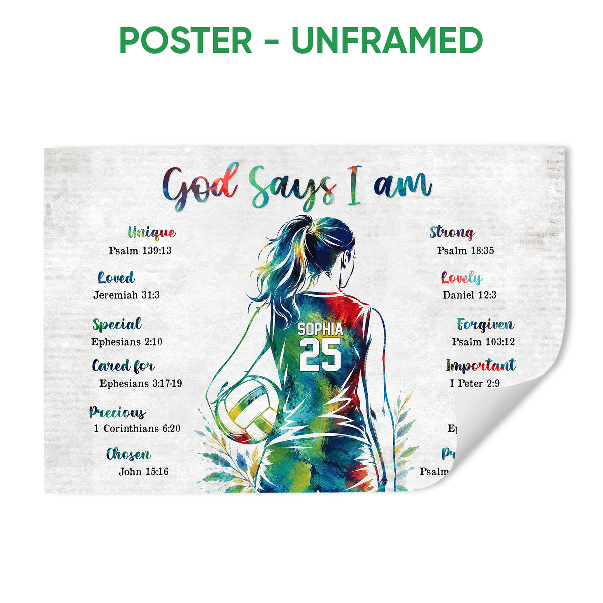 Unframed volleyball poster featuring a colorful player illustration, volleyball, and faith-inspired scripture layout