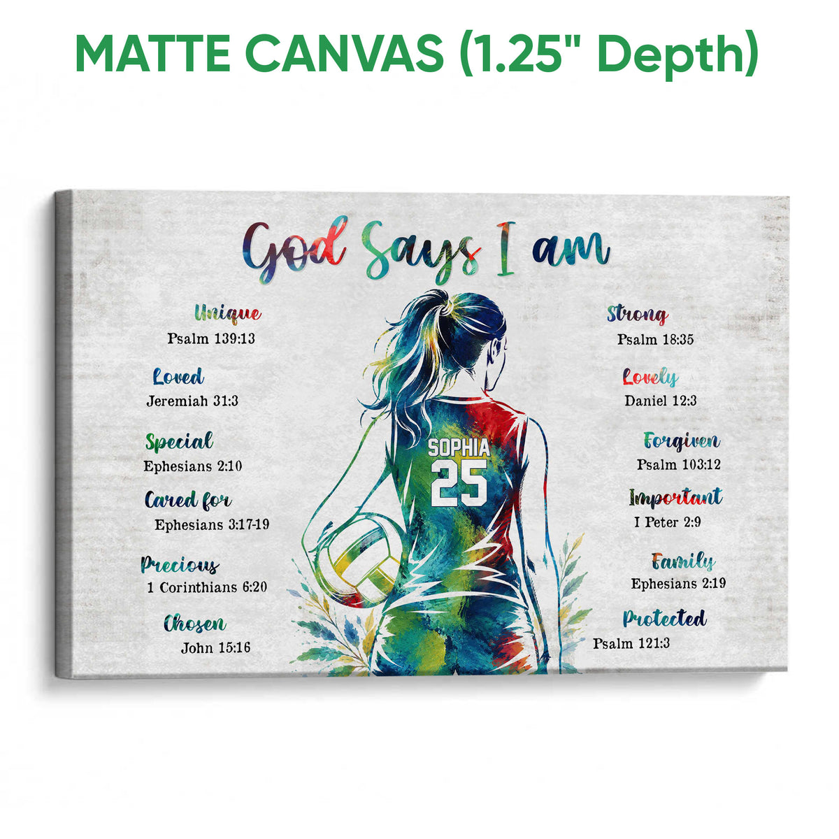 Matte canvas volleyball wall art with a colorful player illustration and scripture-inspired design