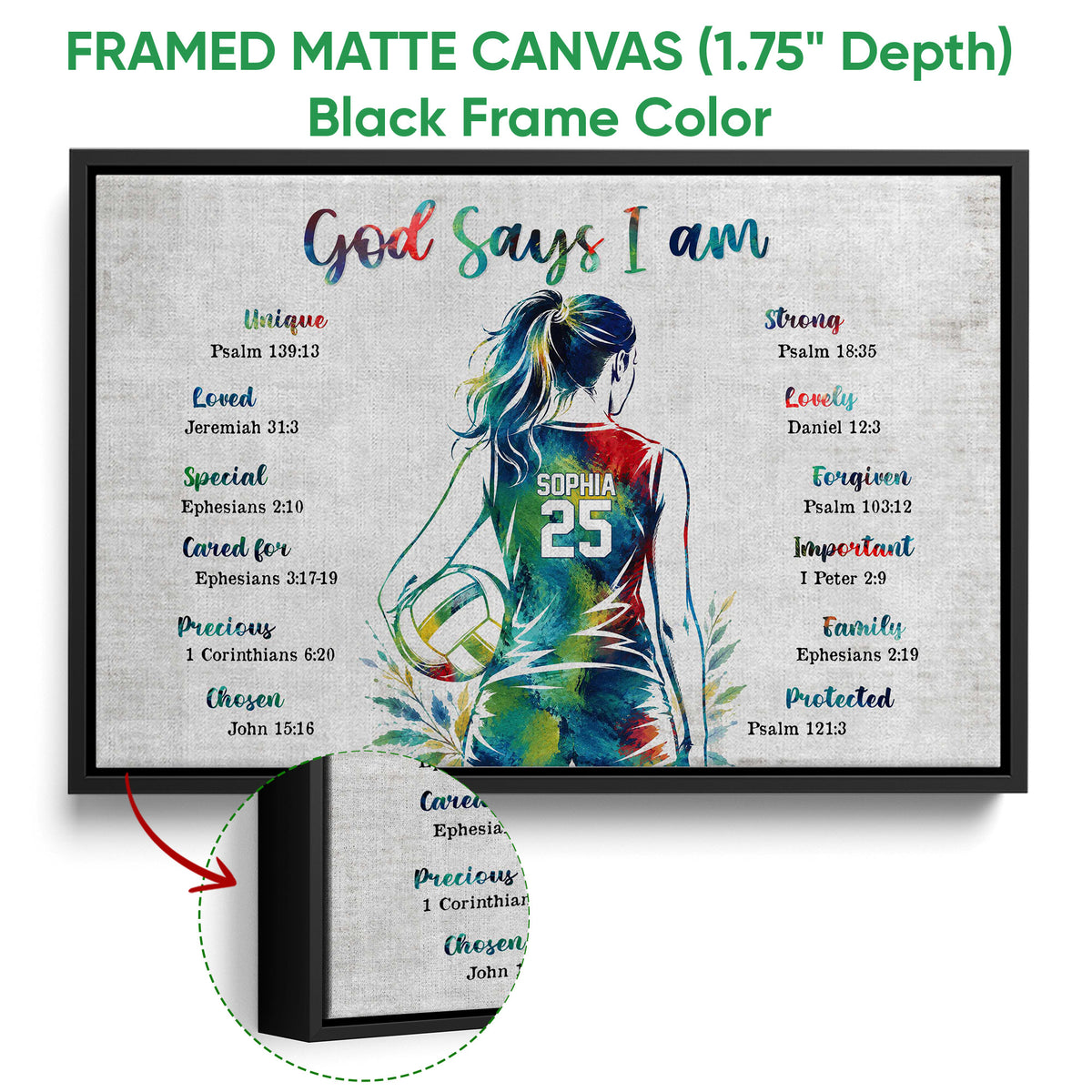 Black framed canvas volleyball wall art with a colorful player illustration and close-up canvas detail
