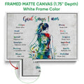 White framed canvas volleyball wall art with a colorful player illustration and close-up texture detail