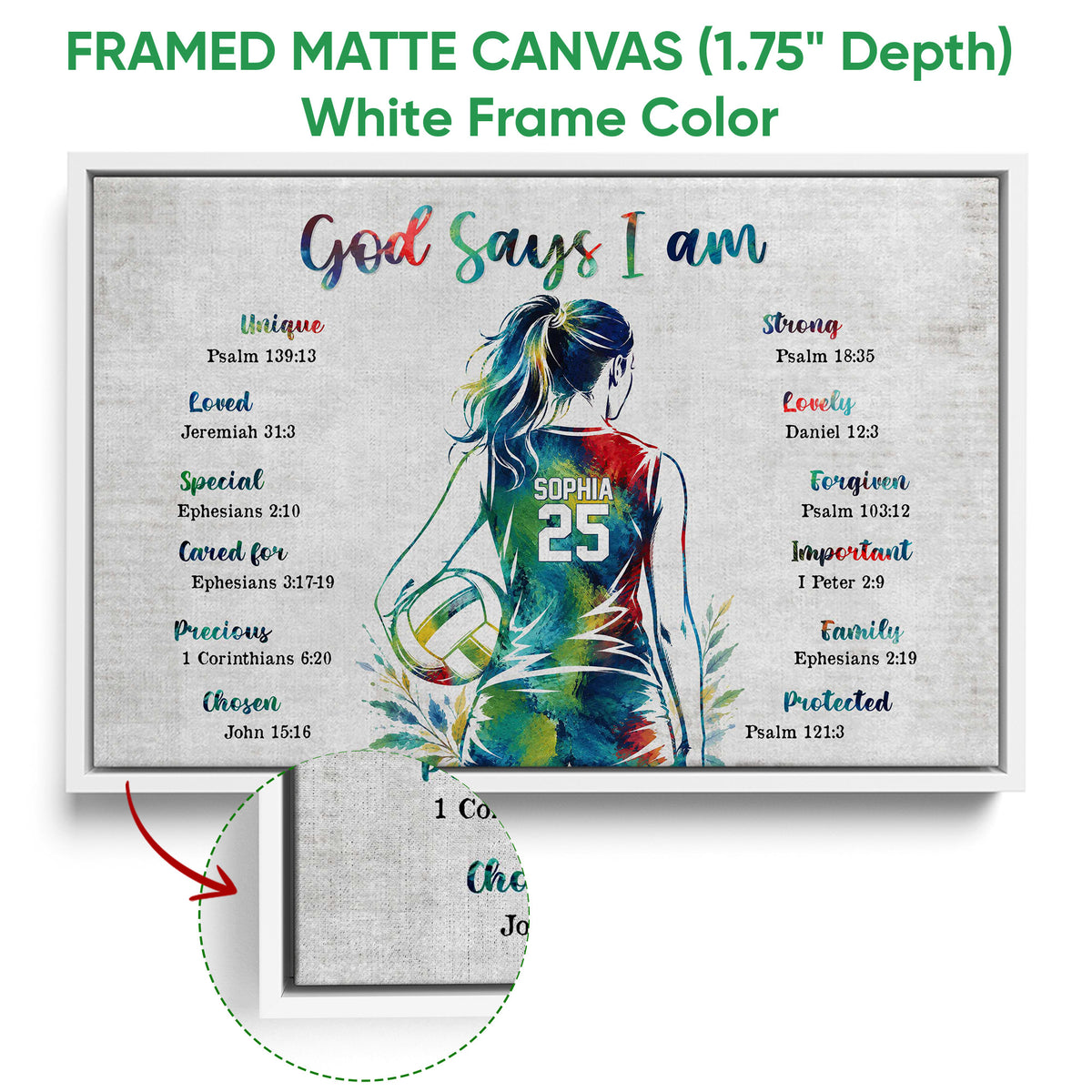 White framed canvas volleyball wall art with a colorful player illustration and close-up texture detail