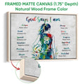 Natural wood framed volleyball canvas wall art with a colorful player illustration and frame detail