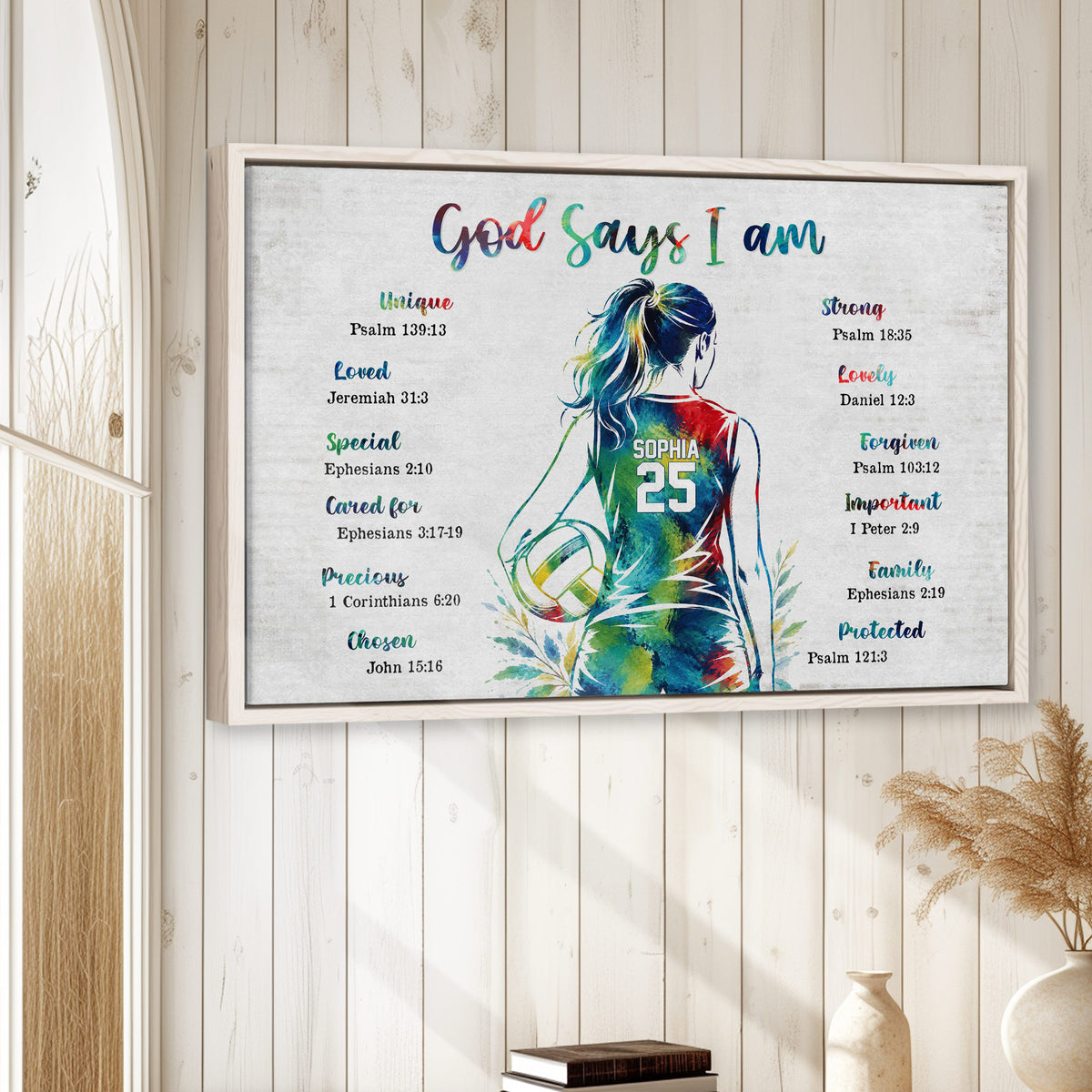 Volleyball faith-inspired wall art displayed in a bright room with a natural wood frame