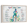 Framed soccer wall art featuring a colorful female player, soccer ball, flowers, and faith-inspired affirmations