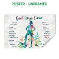 Unframed soccer poster with a colorful female player, soccer ball, floral accents, and scripture-inspired affirmations
