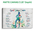 Matte canvas soccer wall art featuring a colorful player, soccer ball, floral artwork, and inspirational faith theme