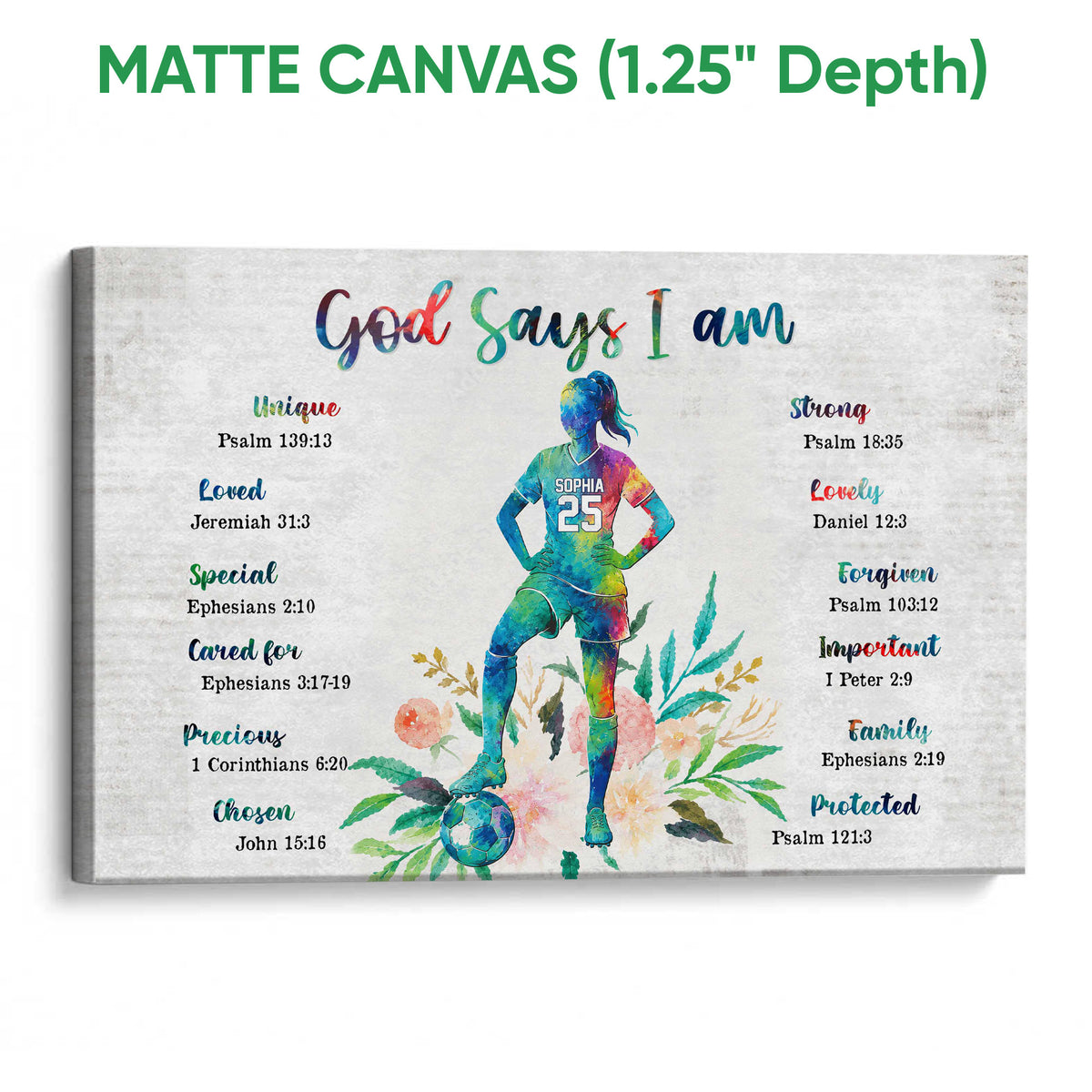 Matte canvas soccer wall art featuring a colorful player, soccer ball, floral artwork, and inspirational faith theme