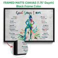 Black framed soccer canvas wall art with a colorful player, soccer ball, floral accents, and inspirational text