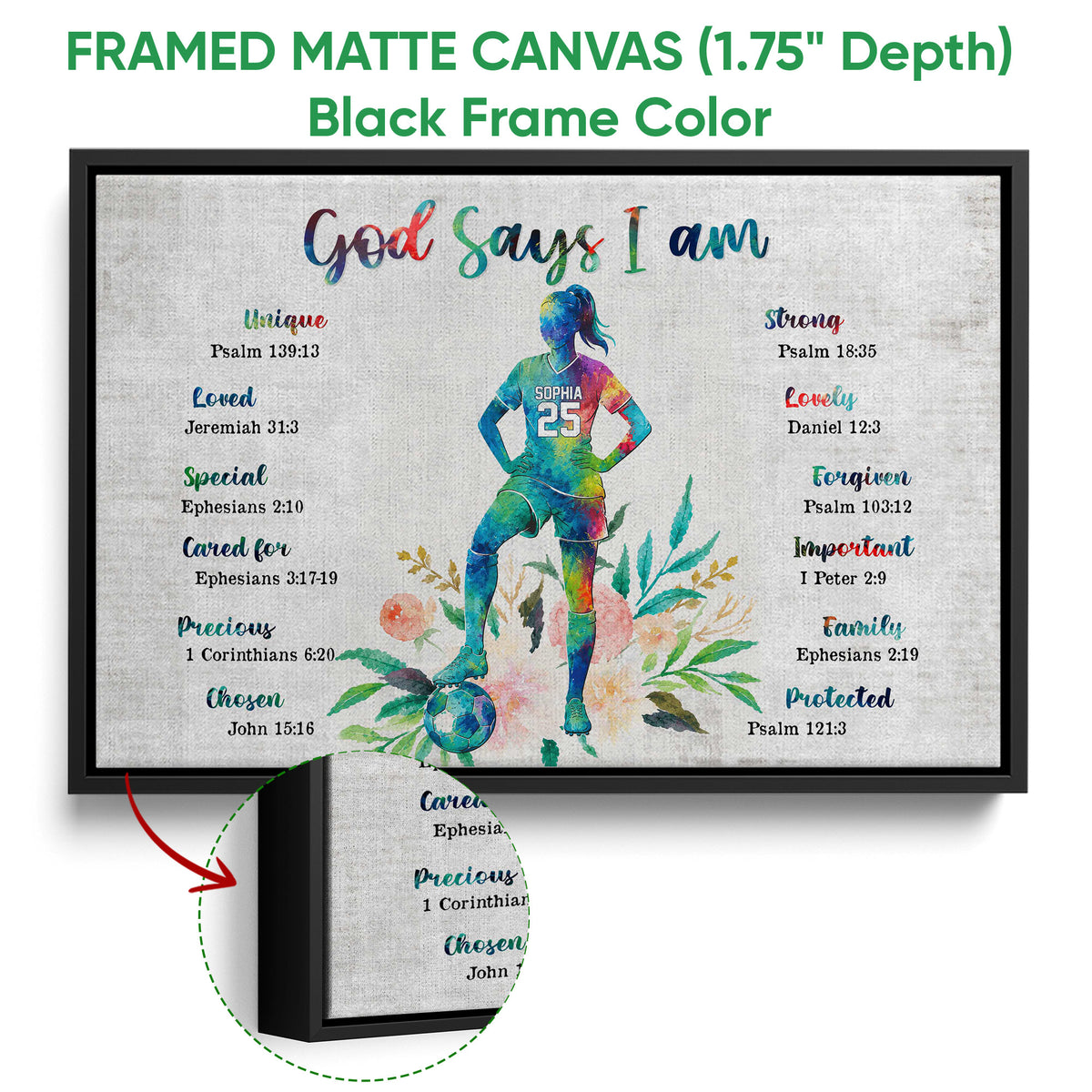 Black framed soccer canvas wall art with a colorful player, soccer ball, floral accents, and inspirational text