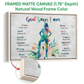 Natural wood framed soccer canvas wall art featuring a colorful player, soccer ball, flowers, and uplifting affirmations