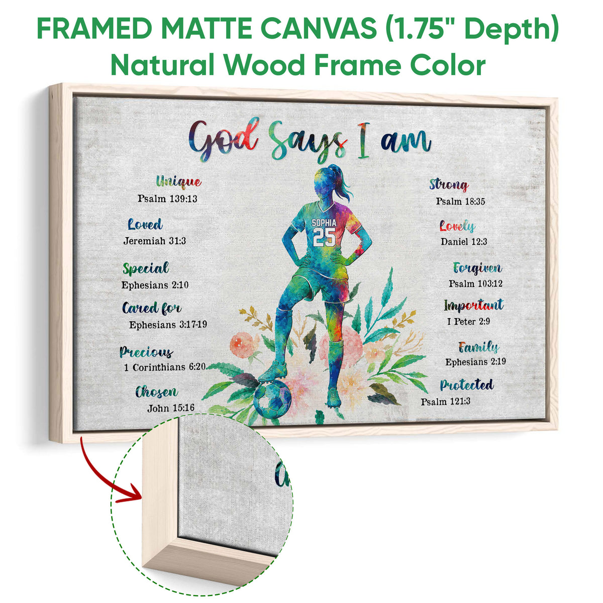 Natural wood framed soccer canvas wall art featuring a colorful player, soccer ball, flowers, and uplifting affirmations