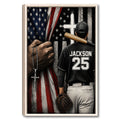 Framed baseball wall art featuring a player with bat and glove against a patriotic red, white, and blue background