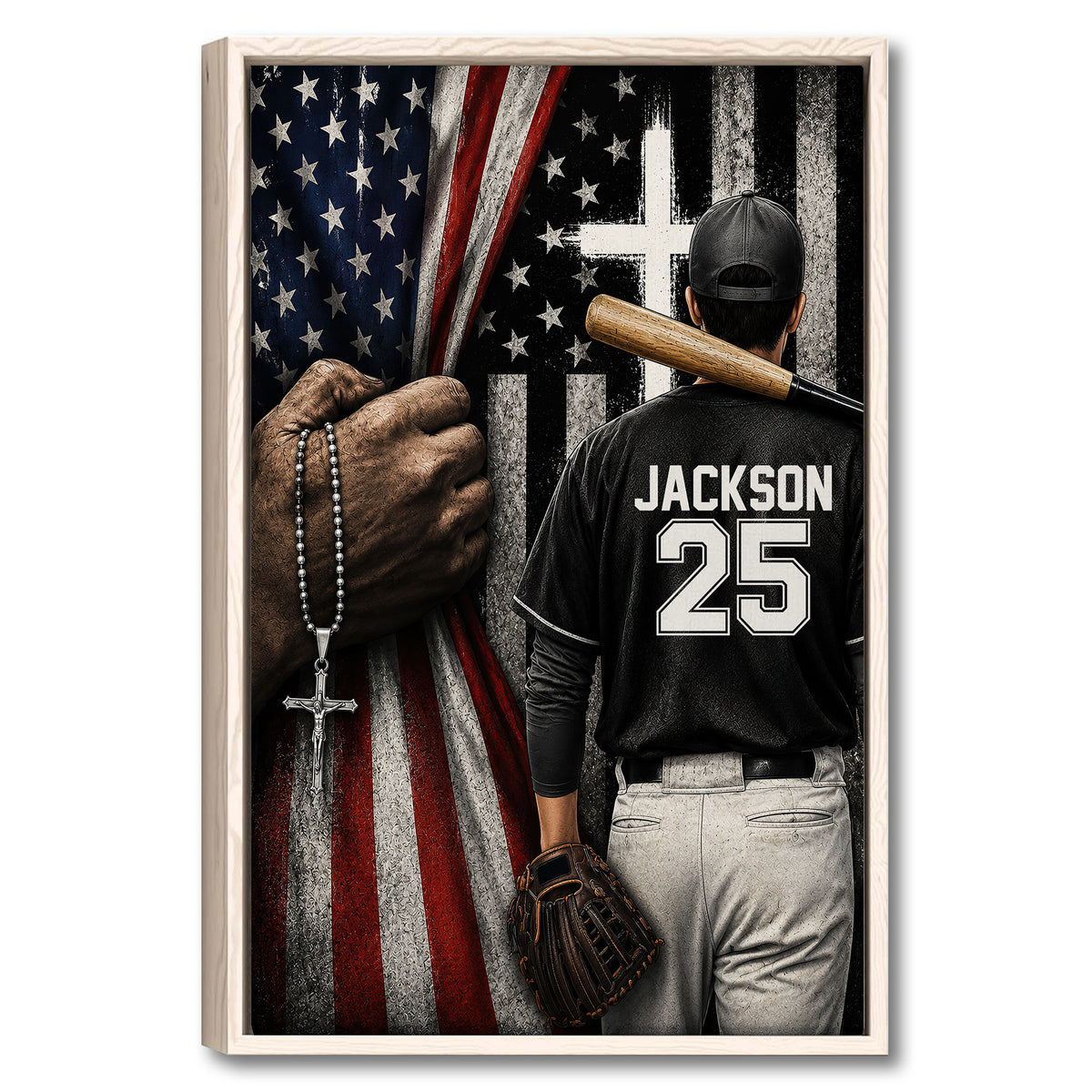 Framed baseball wall art featuring a player with bat and glove against a patriotic red, white, and blue background