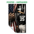 Unframed baseball poster featuring a player with bat and glove against a distressed patriotic background
