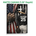 Matte canvas baseball wall art featuring a player, bat, glove, and red, white, and blue background