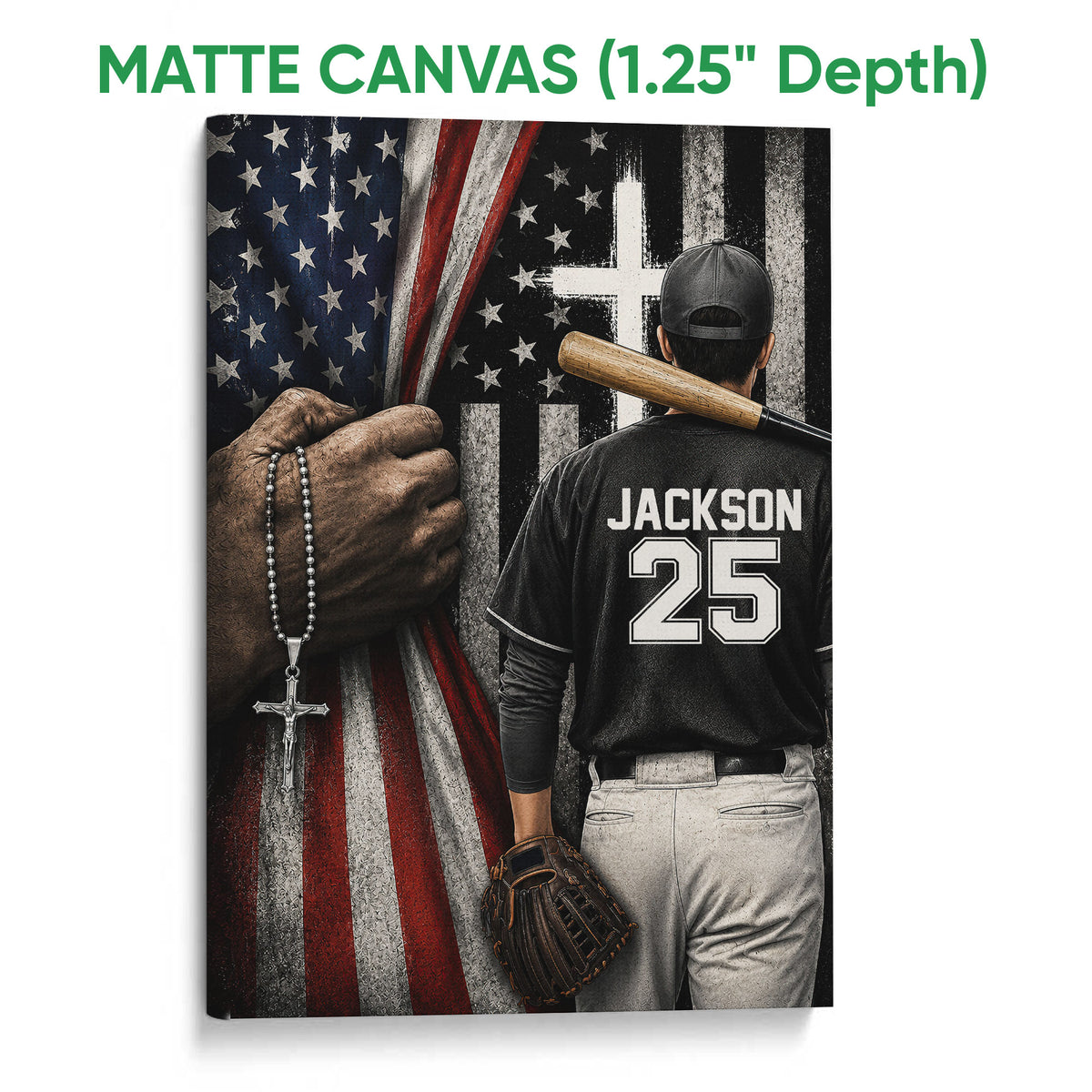 Matte canvas baseball wall art featuring a player, bat, glove, and red, white, and blue background