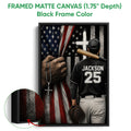 Black framed baseball canvas wall art with a player, bat, glove, and patriotic artwork