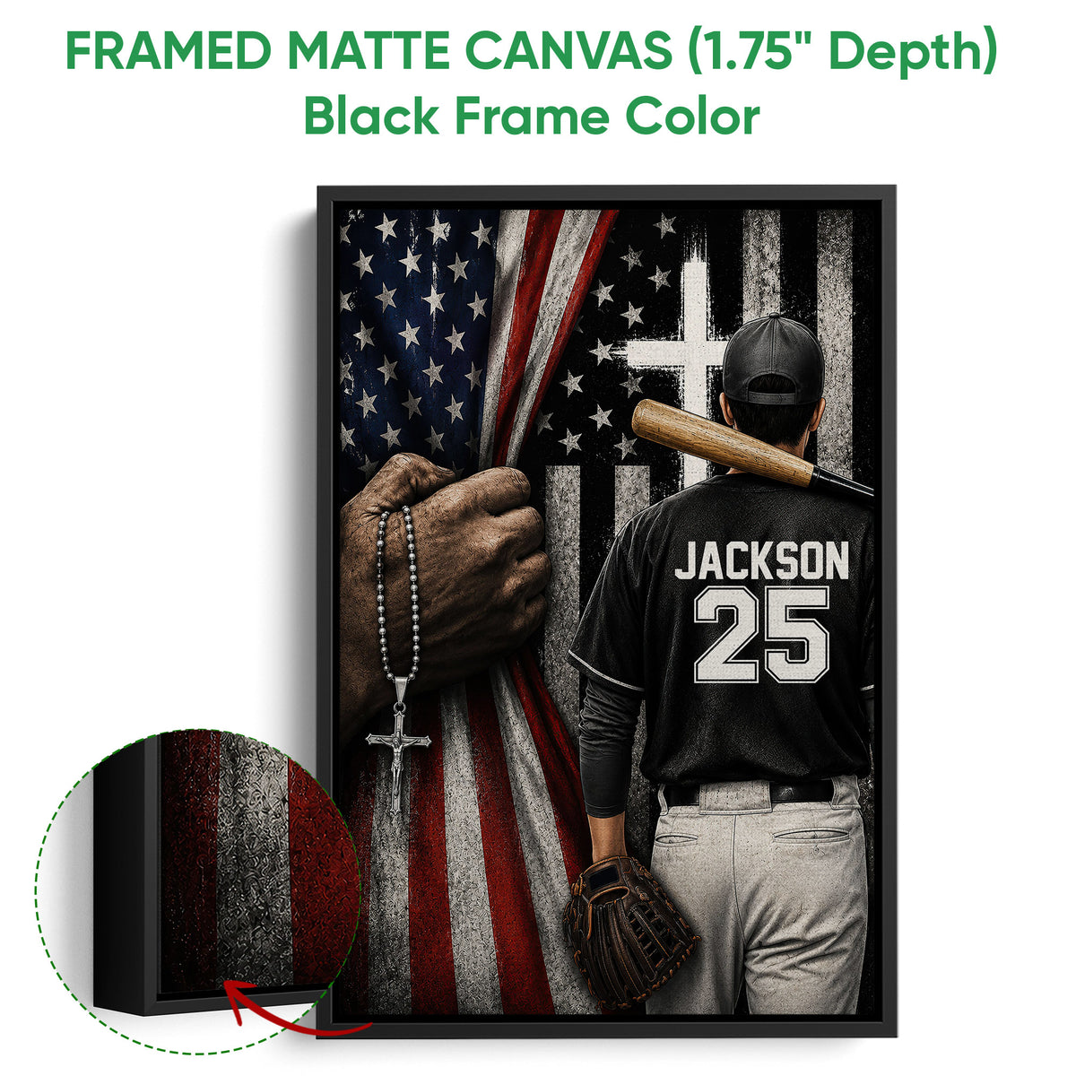 Black framed baseball canvas wall art with a player, bat, glove, and patriotic artwork