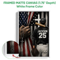 White framed baseball canvas wall art featuring a player and glove against a patriotic red, white, and blue design