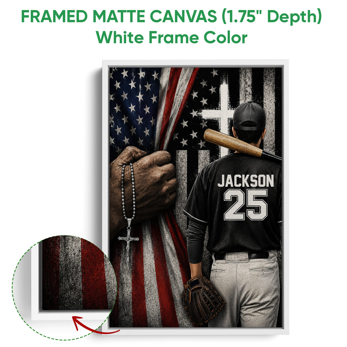 White framed baseball canvas wall art featuring a player and glove against a patriotic red, white, and blue design