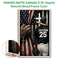 Natural wood framed baseball wall art featuring a player, bat, glove, and distressed patriotic background