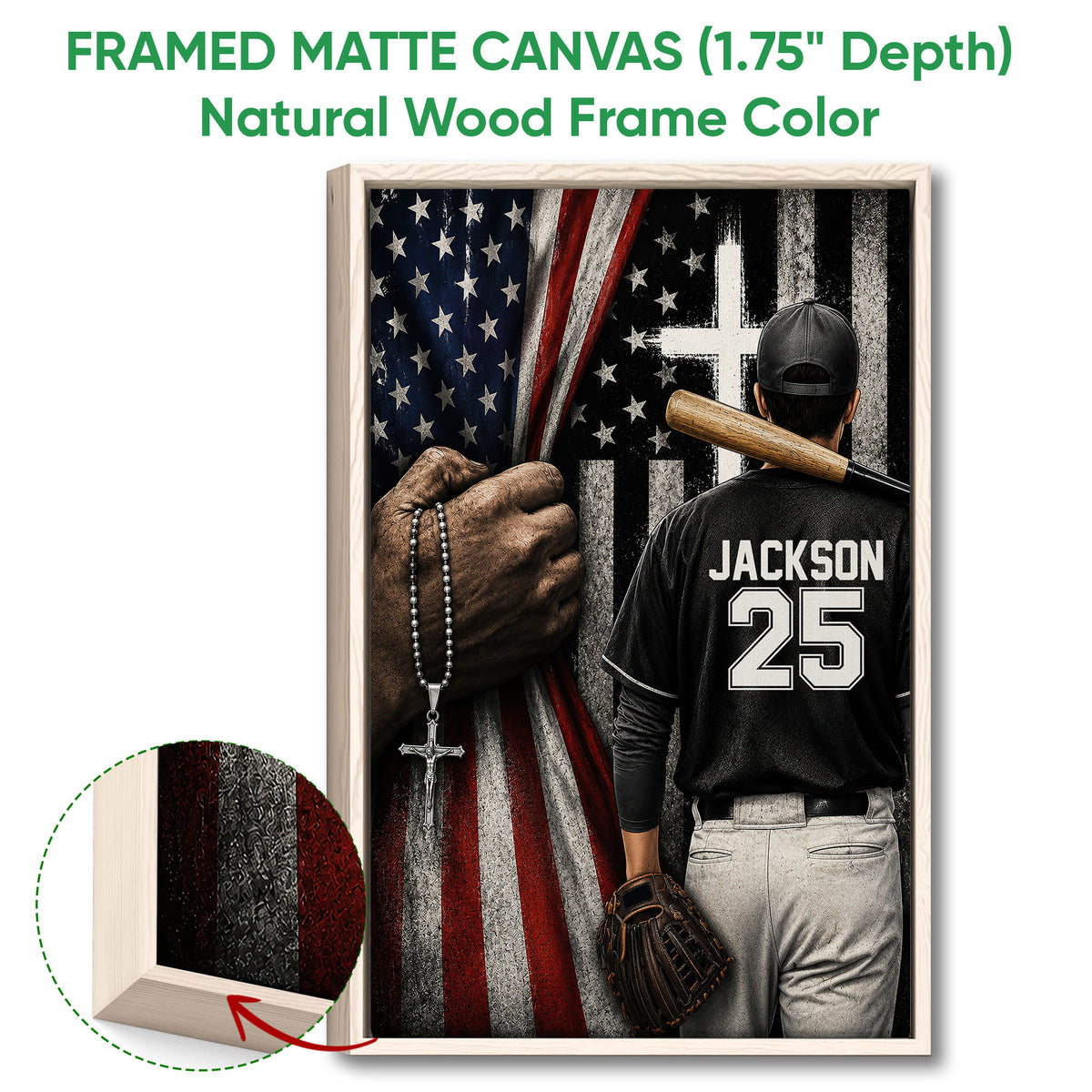 Natural wood framed baseball wall art featuring a player, bat, glove, and distressed patriotic background