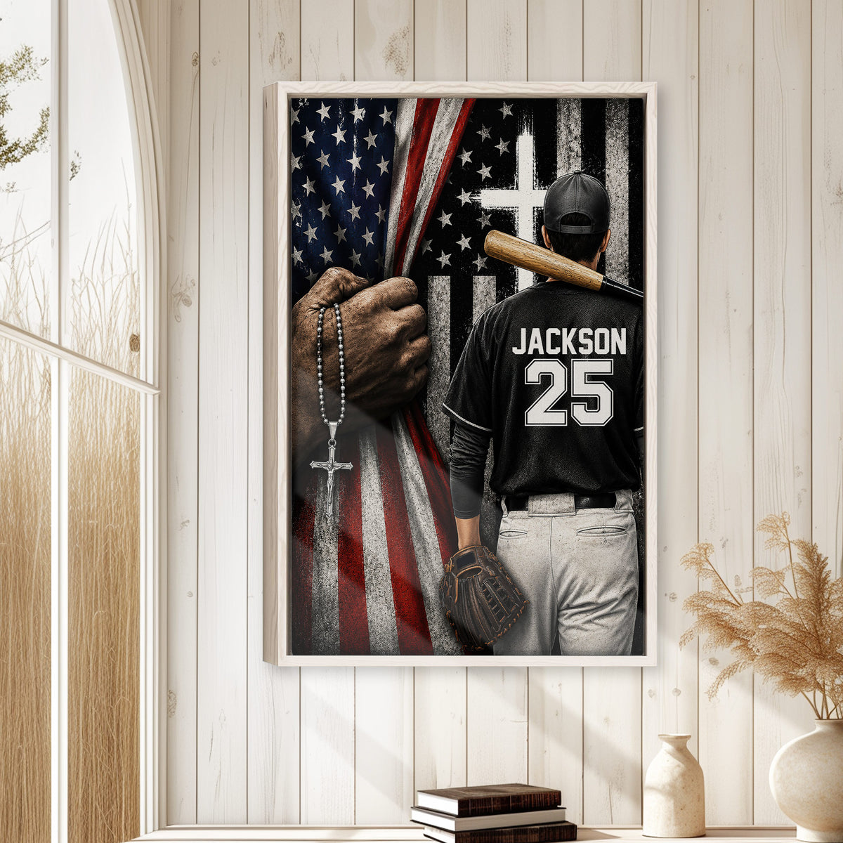 Framed baseball wall art displayed on a light wood paneled wall in a bright home interior