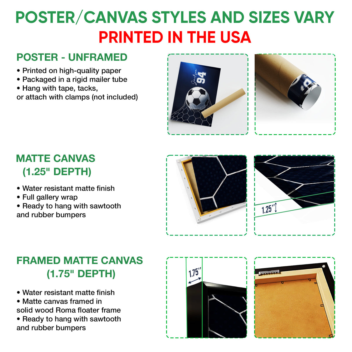 Poster and canvas wall art options guide showing soccer artwork in unframed, canvas, and framed formats