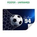 Unframed soccer poster showing a ball striking the net with a bold navy blue and white design