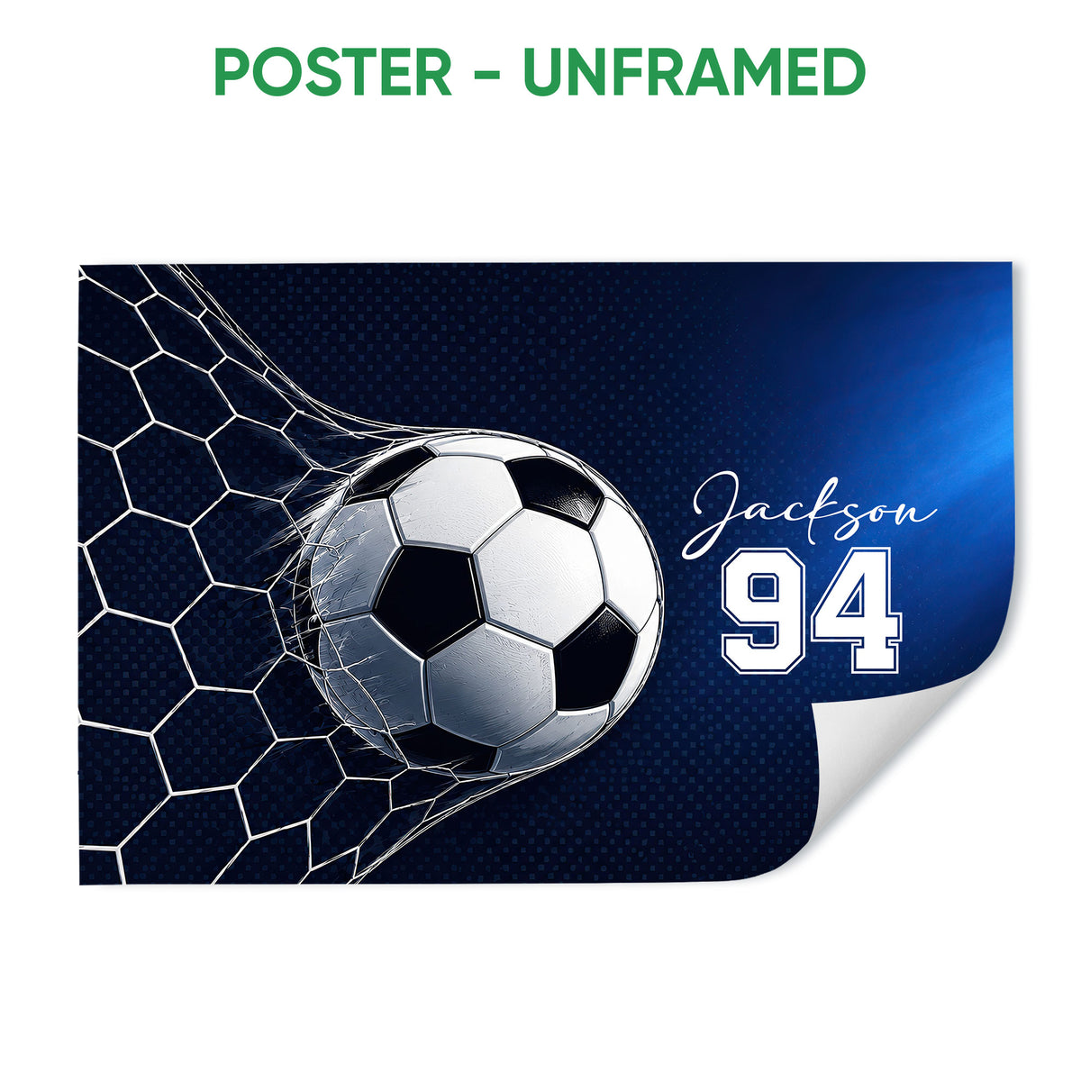 Unframed soccer poster showing a ball striking the net with a bold navy blue and white design